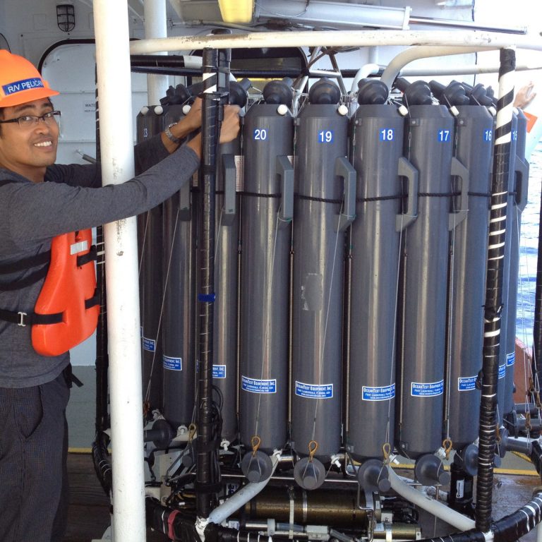 Hernando-picture Hernanco Bacosa aboard the R/V Pelican in May 2013, collecting water samples for hydrocarbon and microbial analysis and an incubation experiment. Bacosa is preparing the Niskin bottles mounted on a conductivity-temperature-depth (CTD) array prior to deployment. (Photo provided by Bacosa)