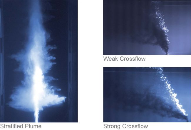 Die visualizations of stratified bubble plume flows. (Image provided by Scott Socolofsky