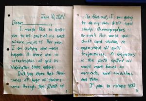 A copy of the first two pages of Alek’s hand-written letters asking for donations to fund his research in the form of an “Adopt a Drift Card” campaign. (Provided by Alek)
