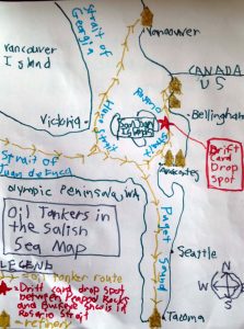 A hand-drawn map that Alek included in his fundraising letter shows oil tanker routes in the Salish Sea. (Provided by Alek)