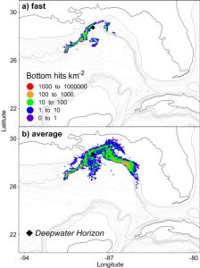 These simulations are a subset of Figure 4 in the study. They depict potential interaction of oil droplets with the seafloor (“bottom hits”) 98 days after the start of the oil spill. The “fast” and “average” refer to degradation rates. (Image provided by Elizabeth North)
