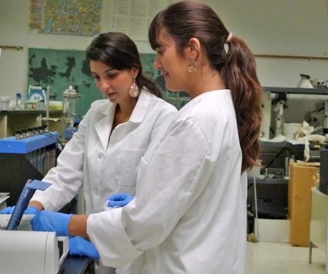 TanselPub_Mangroves_StudentWorkers-WEB Urpiana Koklonis (MS student) and Jillian Berbakov (undergraduate student) conduct calibration tests for the dispersant-oil mixtures in this study. Florida International University, Water Quality Laboratory, Engineering Center, Miami, FL. (Photo by Berrin Tansel)