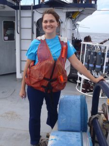 Emily Chancellor on board the April 2013 R/V Bellows plankton collection cruise. The USF College of Marine Science and the University of Miami at RSMAS collaboratively assessed the impact of oil on Florida marine ecosystems. (Photo credit: Tess Rivenbark)