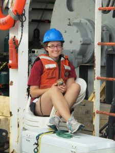 Kelsey Rogers onboard the R/V Endeavor, one of five field expeditions she participated in, collecting water and sediment samples in the Gulf of Mexico. (Photo provided by Ryan Sibert, Ph.D. Student, University of Georgia)