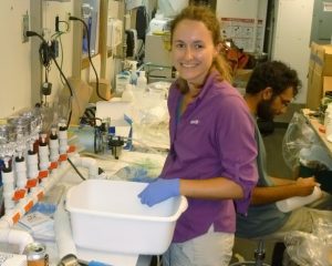 Kelsey Rogers processes samples onboard the vessel’s wet lab. (Photo provided by Kelsey Rogers, courtesy of Deep-C)