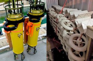 L: Autonomous 3D Lagrangian floats, ready for vessel loading, measure vertical velocities in the turbulent mixed layer (photo: Ozgokmen). R: Surface drifters in a container ready to launch. (Photo: Novelli)
