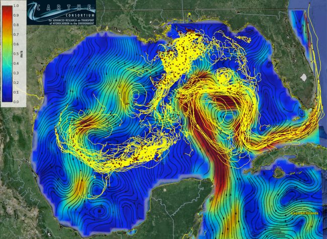 CARTHE_for_AVISO-WEB CARTHE drifter trajectories in the Gulf of Mexico superimposed on AVISO surface currents. Red squares mark drifters positions on 9 March 2016 and the tails are 14 days long. (Credit: Edward Ryan and Tamay Ozgokmen from the University of Miami)