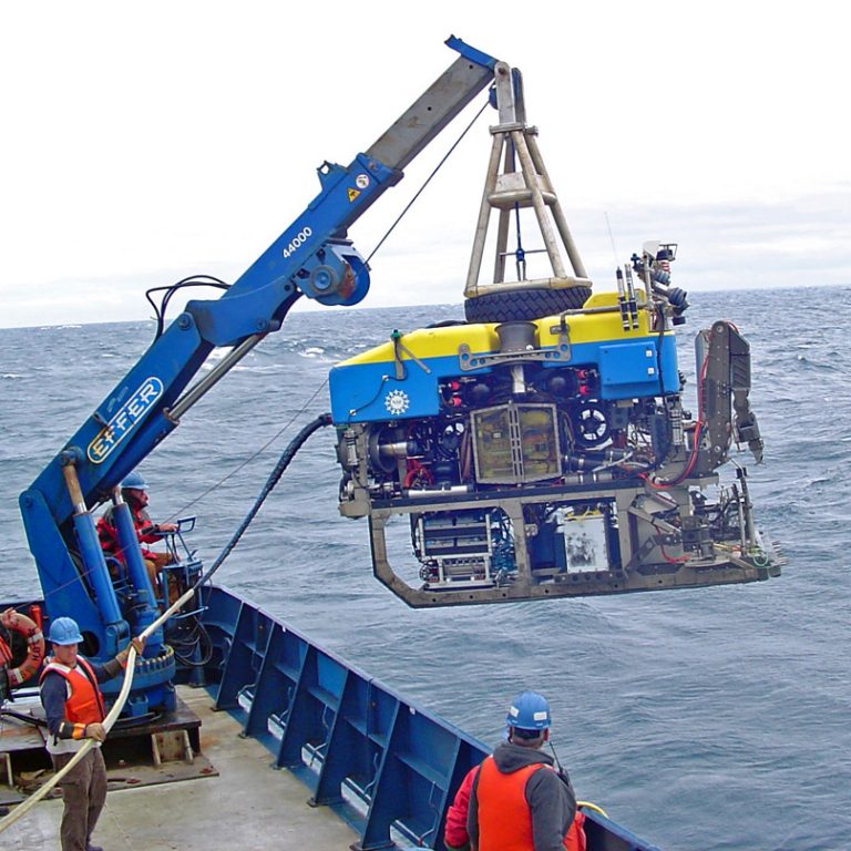 The remotely operated vehicle (ROV) Jason II being deployed from R/V Atlantis. The researchers use the ROV to position the acoustic scintillation moorings in specific locations to capture vertical upwelling flows. (Photo by Daniela Di Iorio)