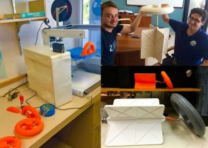 L: A 3-D printer created small-scale drifter prototypes (photo: Novelli). Top right: Cedric Guigand and Guillaume Novelli hold the 1st production-grade assembled drifter after they and Charles Cousin conducted two years of R&D (photo: Ozgokmen). Bottom right: Full and half-scale drifters side by side. The surface ring provides buoyancy; its open design and narrow neck prevent wind from lifting or tilting the drifter. (Photo: Novelli)