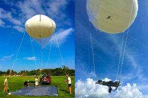 The aerostat team conducts field tests to check the winch, lines, and the camera platform. Dan Carlson led the development of the aerostat and its imaging platform that carried a 50 mega-pixel Canon DSLR camera. (Photos: Ozgokmen)