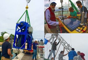 L: Crews load the towed CTD on the Walton Smith. Top Right: Eric D’Asaro (L) helps situate one of the solar-and-wave-powered gliders which travels 14 days at 1 m/s. Bottom Right: Brian Haus and team set up the weather tower that takes 1 m resolution wave measurements in a 3 km radius. (Photos: D’Asaro and Ozgokmen)