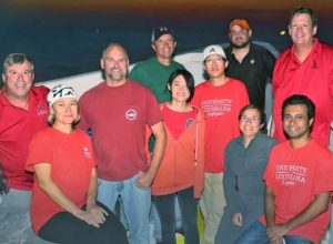 The LADC-GEMM team for the 2015 Gulf of Mexico recovery cruise. From left to right: Douglas Dugas, Natalia Sidorovskaia, Tad Berkey (Captain), Sean Griffin, Tingting Tang, Kun Lee. Top right Bradley Lingsch and Carl Richter, bottom right Elizabeth Kusel and Sakib Mahmud. (Photo by Douglas Dugas)
