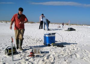 Researchers Jacob Price, Brian Wrenn, and Xiaolong Geng in 2011 setting transects on beaches in Fort Pickens, Florida, to evaluate oil biodegradation. (Provided by Michel Boufadel)
