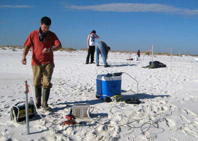 Researchers Researchers Jacob Price, Brian Wrenn, and Xiaolong Geng in 2011 setting transects on beaches in Fort Pickens, Florida, to evaluate oil biodegradation. (Provided by Michel Boufadel)