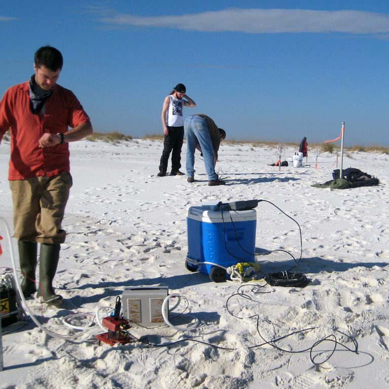 Researchers Researchers Jacob Price, Brian Wrenn, and Xiaolong Geng in 2011 setting transects on beaches in Fort Pickens, Florida, to evaluate oil biodegradation. (Provided by Michel Boufadel)