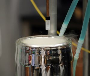 Sample vessel of fiber optic probe used for taking photoluminescence measurements at liquid nitrogen (77K) and liquid helium (4.2K) temperatures. (Provided by Andres Campiglia)