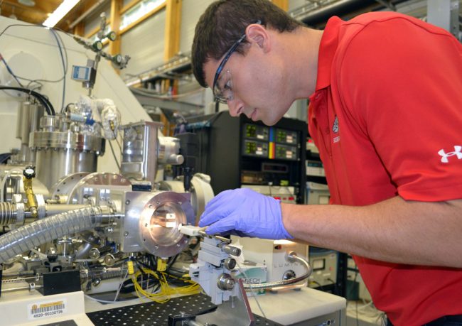 David Podgorski uses a Fourier Transform Ion Cyclotron Resonance Mass Spectrometer at the National High Magnetic Field Laboratory to analyze weathered oil samples and changes to their molecular structure. (Photo by Kristen Coyne)