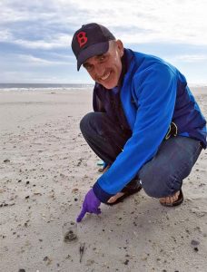 Chris Reddy collects oil samples on Alabama beaches. These sand-oil aggregates continue to wash ashore six years after the Deepwater Horizon oil spill. (Photo by Christoph Aeppli)