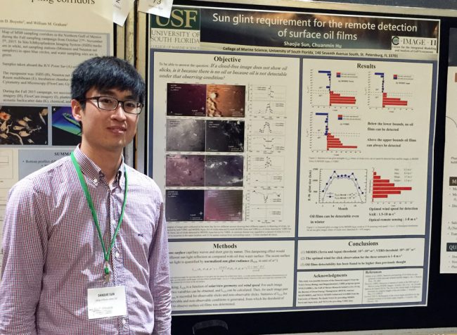 Shaojie presents his research on sun glint requirements for oil film detection at the 2016 Gulf of Mexico Oil Spill & Ecosystem Conference in Tampa, Florida. (Photo by Chuanmin Hu)