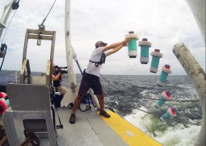 A researcher conducts surface drifter deployment, July 2013. (Photo credit: CARTHE Consortium)