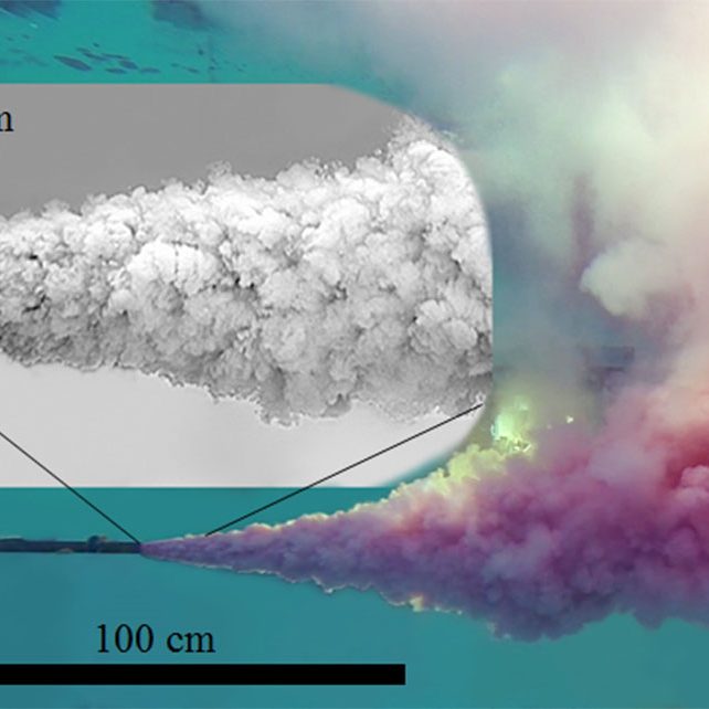 headline photo-FEATURED Researchers conducted a large-scale underwater experiment that released oil through 25.4 mm (one-inch) horizontal pipe. High-resolution cameras captured the detailed turbulent structures, characteristics of primary breakup, and oil droplet separation from the upper plume in the discharged oil jet. (Photo by Franklin Shaffer;