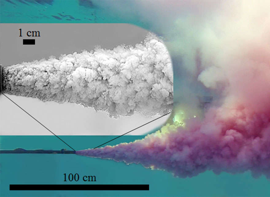 Researchers conducted a large-scale underwater experiment that released oil through 25.4 mm (one-inch) horizontal pipe. High-resolution cameras captured the detailed turbulent structures, characteristics of primary breakup, and oil droplet separation from the upper plume in the discharged oil jet. (Photo by Franklin Shaffer;