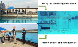 Two frames were constructed and equipped with various instruments for measuring velocity, droplet size distribution, filming, and water sample collection. All instruments were controlled remotely in the bank of the wave tank. (Photos by NJIT and Franklin Shaffer)