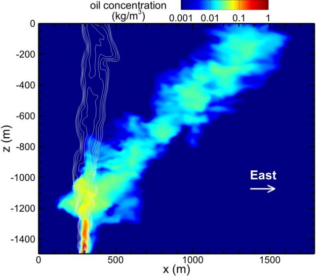 oil_plume_in_Eastern_corssflow_Uc2 A Large Eddy Simulation of oil droplet (color contours) and gas bubble (white lines) plumes emerging from 1500 m below the surface into a stratified ocean, including 3D Coriolis force and west-to-east current effects. (Simulation performed by Dr. Di Yang, University of Houston)