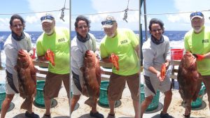 A series of pictures shows co-chief scientist Steve Murawski (R, holding a Coney fish) eying enviously the larger Red Grouper that Alexi Ruiz Abienro (University of Havana) was holding, so they switched! Photo courtesy of C-IMAGE.