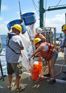 Steve Murawski (USF) and Amy Wallace (USF) hold bongo nets as Beatriz Álamo Díaz (University of Havana) retrieves plankton samples. Photo courtesy of C-IMAGE