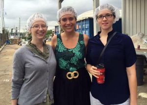 Vanessa (center) touring a seafood processing plant in Bayou La Batre, AL, with fellow CRGC grad students, Amanda Edelman (left) and Chelsea Adams (right). (Provided by Vanessa Parks)