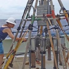 OLYMPUS DIGITAL CAMERA Study author Samantha Joye collects Gulf of Mexico sediment samples using a multi-corer. Photo courtesy of ECOGIG.