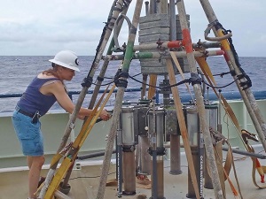 OLYMPUS DIGITAL CAMERA Study author Samantha Joye collects Gulf of Mexico sediment samples using a multi-corer. Photo courtesy of ECOGIG.