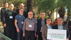 The Hamburg University of Technology C-IMAGE team at the 2016 Gulf of Mexico Oil Spill and Ecosystem Science Conference in Tampa, Florida. (L-R: Nuttapol Noirungsee, Steffen Hackbusch, Simeon Pesch, Marko Hoffmann, Rudolf Müller, Karen Malone, Dieter Krause, Andreas Liese, Michael Schlüter) (Provided by Hamburg University of Technology)
