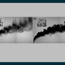 PlumeComparison_slider A comparison of an oil plume without dispersant (left or a) and one with dispersant at a 1:100 dispersant to oil ratio (right or b). The insets show typical droplet sizes in magnified sections corresponding to the white squares. Image credit David Murphy.