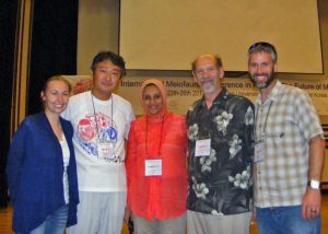 A reunion of the Montagna meiofauna lab. (L-R) Melissa, Wonchoel Lee, Hanan Mitwally, Paul Montagna, and Jeff Baguley take a group photo after Melissa won a student presentation award at the International Meiofauna Conference 2014. Woncheol was a postdoc, and Jeff and Hanan were Ph.D. students with Paul Montagna. (Provided by Melissa Rohal)