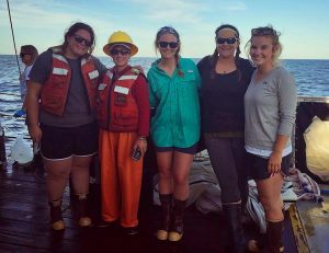 (L-R) Olivia Lestrade, Alison Deary, Angie Hoover, Carla Culpepper, and Kelia Axler aboard the R/V Point Sur for CONCORDE’s second research cruise. (Provided by Angie Hoover)