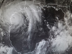 The GOES satellite took this image at 15:15 CDT August 25 2017 as NASA scientists flew through the eye of Hurricane Harvey. (Credit: NASA)