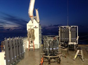 CTD and Niskin bottle rosettes are staged on the R/V Pelican in preparation to collect dissolved organic carbon samples. Photo credit: Brad Rosenheim