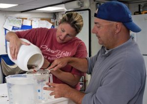 Tracey Sutton and April Cook filter a water sample for large organisms. (Provided by DEEPEND)