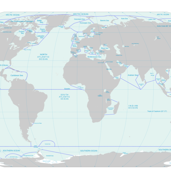 Ocean and seas boundaries map. Wikimedia Commons. From IHO 23-3rd: Limits of Oceans and Seas, Special Publication 23, 3rd Edition 1953, published by the International Hydrographic Organization.
