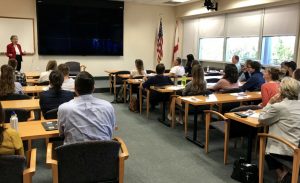 Rita Colwell engages attendees in discussions during the Distinguished Lecture Series held at the University of Miami Rosenstiel School for Marine and Atmospheric Science. Photo by Laura Bracken, CARTHE Program & Outreach Manager.
