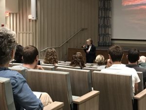Rita Colwell answers questions during the 2018 Distinguished Lecture Series held at the University of Miami Rosenstiel School for Marine and Atmospheric Science. Photo by Laura Bracken, CARTHE Program & Outreach Manager.
