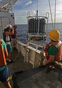 Researchers aboard the R/V Endeavor recover the CTD Niskin Rosette in summer 2015. (Photo credit: Andy Montgomery)