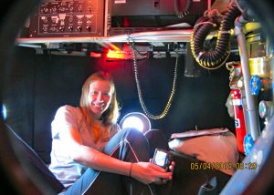 Danielle in the deep submersible vehicle Alvin at ~1100 meters depth in the Gulf of Mexico, 2014. (Provided by ECOGIG)
