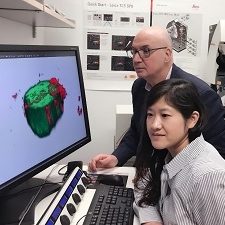 Zhao-Boufadel_ProjectileMechanism_slider Dr. Michel Boufadel and Dr. Lin Zhao study the 3D structure of oil-particle aggregates using confocal microscope in the lab of New Jersey Institute of Technology. Photo provided by L. Zhao.