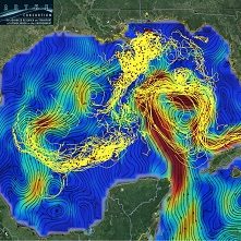 CARTHE_for_AVISO_slider CARTHE drifter trajectories in the Gulf of Mexico superimposed on AVISO surface currents. Red squares mark drifters positions on 9 March 2016 and the tails are 14 days long. (Credit: Edward Ryan and Tamay Ozgokmen from the University of Miami)