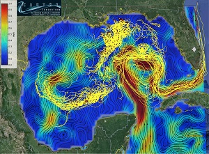 CARTHE_for_AVISO_slider CARTHE drifter trajectories in the Gulf of Mexico superimposed on AVISO surface currents. Red squares mark drifters positions on 9 March 2016 and the tails are 14 days long. (Credit: Edward Ryan and Tamay Ozgokmen from the University of Miami)