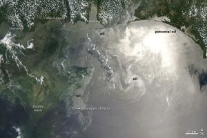 A satellite image of the Gulf of Mexico showing the oil slick on the surface of the water. Image: NASA