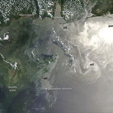 A satellite image of the Gulf of Mexico showing the oil slick on the surface of the water. Image: NASA